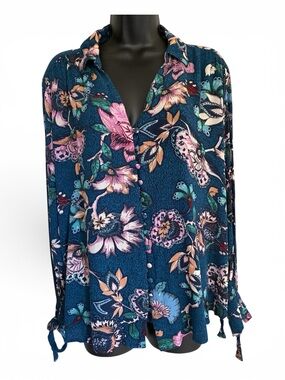 Boho 70s Style Fairycore Floral Button-Front Women's Top in Teal and Pink Sz XL